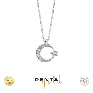 Penta Gold - 14 Ayar Altın Ay Yıldız Swarovski Taşlı Kolye