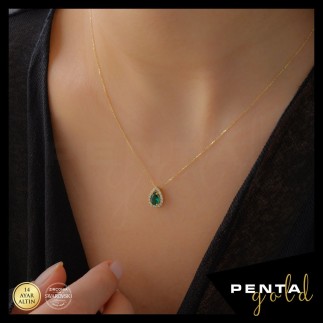 Penta Gold - 14 Ayar Altın Damla Anturaj Swarovski Kolye (1)