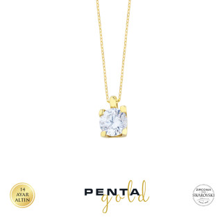 Penta Gold - 14 Ayar Altın Dört Tırnak Swarovski Tektaş Kolye (1)