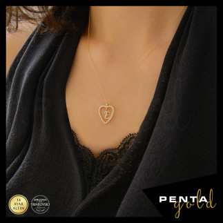 Penta Gold - 14 Ayar Altın Harfli Kalpli Swarovski Kolye (1)