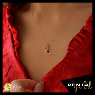 Penta Gold - 14 Ayar Altın Harfli Swarovski Kuşlu Kolye (1)