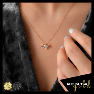 Penta Gold - 14 Ayar Altın Kalp Taşlı Melek Swarovski Kolye (1)