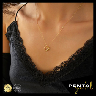 Penta Gold - 14 Ayar Altın Kalpli Süzme Taşlı Swarovski Kolye (1)