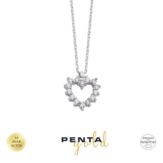 Penta Gold - 14 Ayar Altın Kalpli Tırnaklı Swarovski Taşlı Kolye (1)