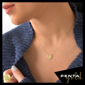 Penta Gold - 14 Ayar Altın Swarovski Taşlı Dolgu Kalpli Kolye (1)