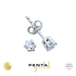 Penta Gold - 14 Ayar Altın Tektaş Küpe 6 Tırnak Swarovski Taşlı (1)