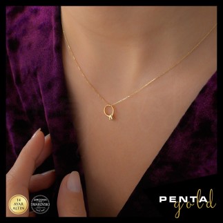 Penta Gold - 14 Ayar Altın Tektaş Yüzük Swarovski Kolye (1)