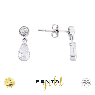 Penta Gold - 14 Ayar Swarovski Taşlı Damla Altın Küpe (1)