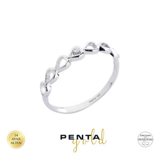 Penta Gold - 14 Ayar Swarovski Taşlı Sıra Kalp Altın Yüzük (1)